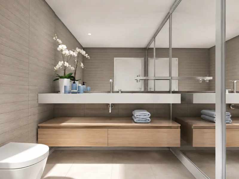 Modern neutral bathroom with a floating wood vanity, long white sink, mirrored wall, gray tiled walls, and orchid plant.