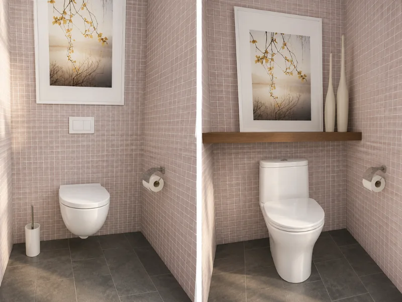 Side-by-side bathroom comparison showing a wall-mounted toilet and a floor-standing toilet against pale mosaic tile walls.