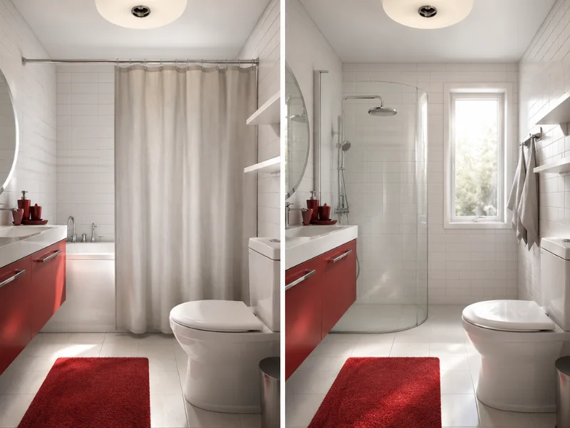 Side-by-side bathroom makeover showing a bathtub with shower curtain replaced by a glass walk-in shower.