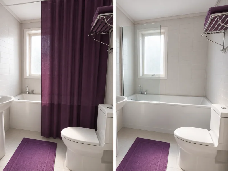 Side-by-side bathroom comparison showing a bathtub with a purple shower curtain and the same bathtub with a clear glass screen.