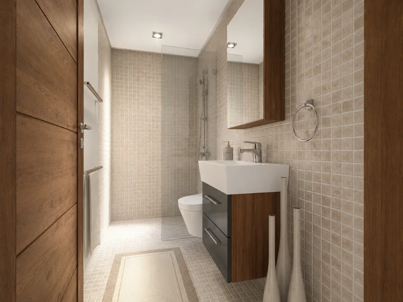Narrow bathroom with beige mosaic tiles, a walk-in shower, wall-mounted toilet, wood and gray vanity, and large mirror.