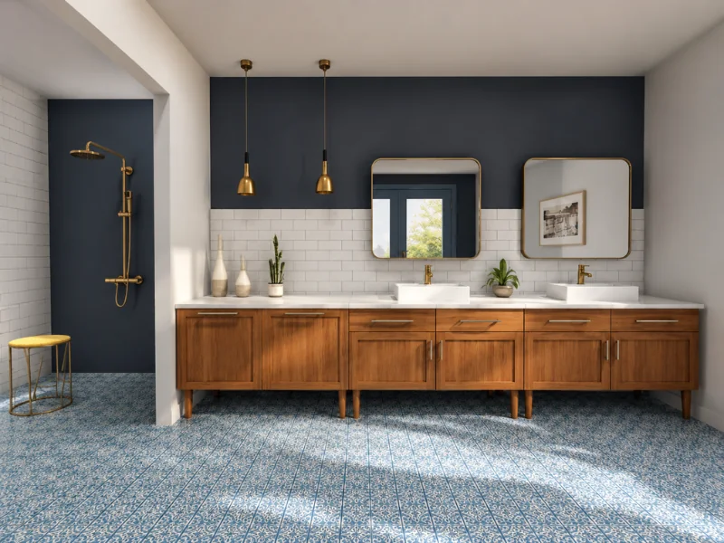 Spacious bathroom with a navy accent wall, long wood double vanity, two vessel sinks, brass fixtures, patterned blue floor tiles, and an open shower.