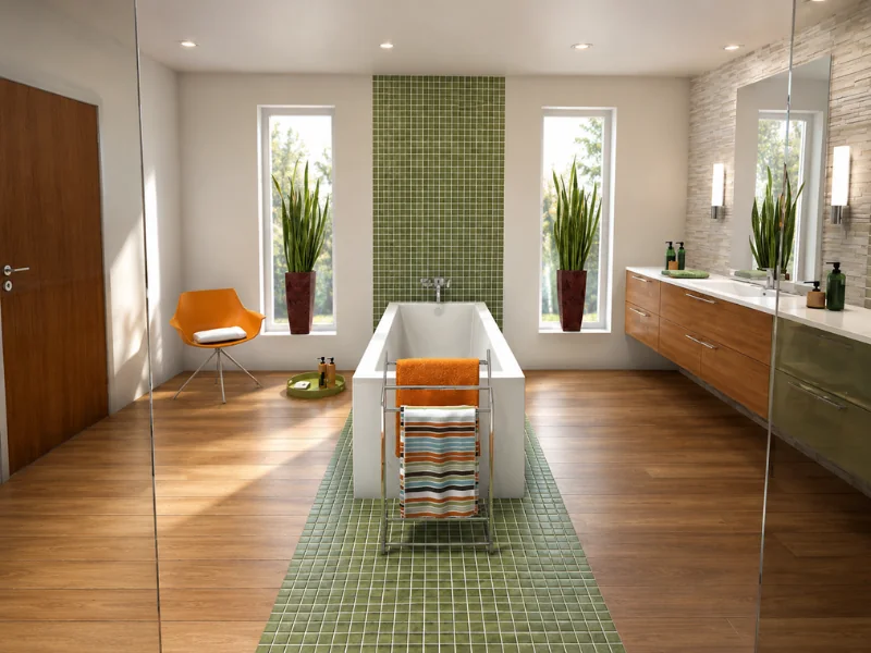 Modern bathroom with a central freestanding bathtub, green mosaic tile feature strip, floating wood vanity, mirrored walls, and orange accent chair.