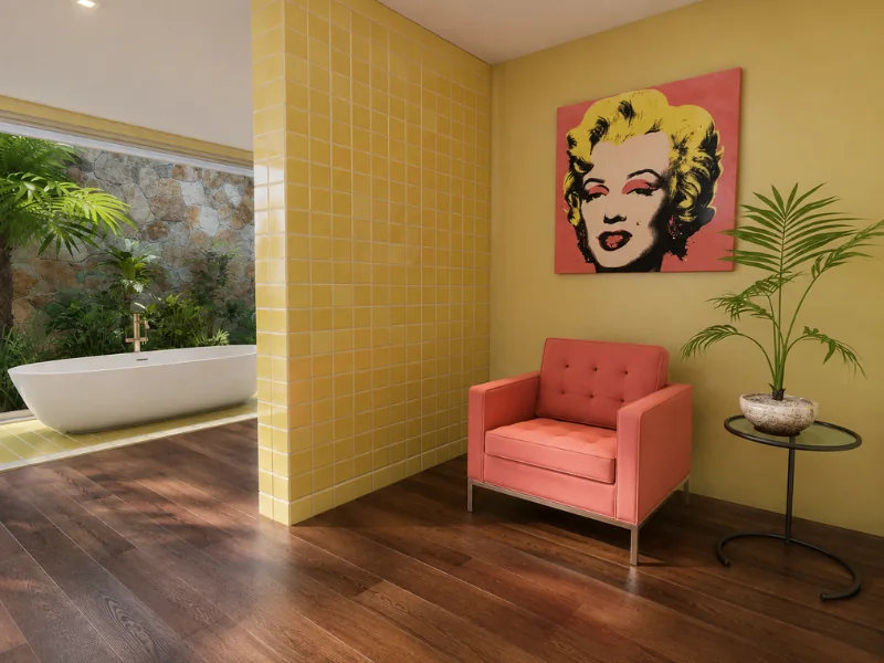 Colorful bathroom with yellow tiled walls, a pink armchair, pop art wall decor, dark wood flooring, tropical plants, and a freestanding tub.
