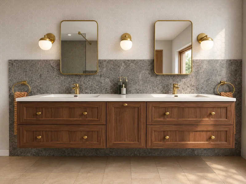 Traditional wood double vanity with two sinks, brass faucets, matching wall lights, framed mirrors, and gray stone backsplash.