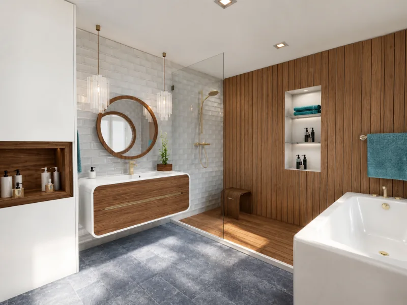 Modern bathroom with a floating wood vanity, round mirror, glass shower enclosure, vertical wood paneling, built-in shelves, and white bathtub.