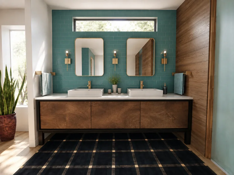 Contemporary bathroom with a teal tile wall, rustic wood double vanity, two vessel sinks, gold fixtures, black plaid rug, and tall windows.