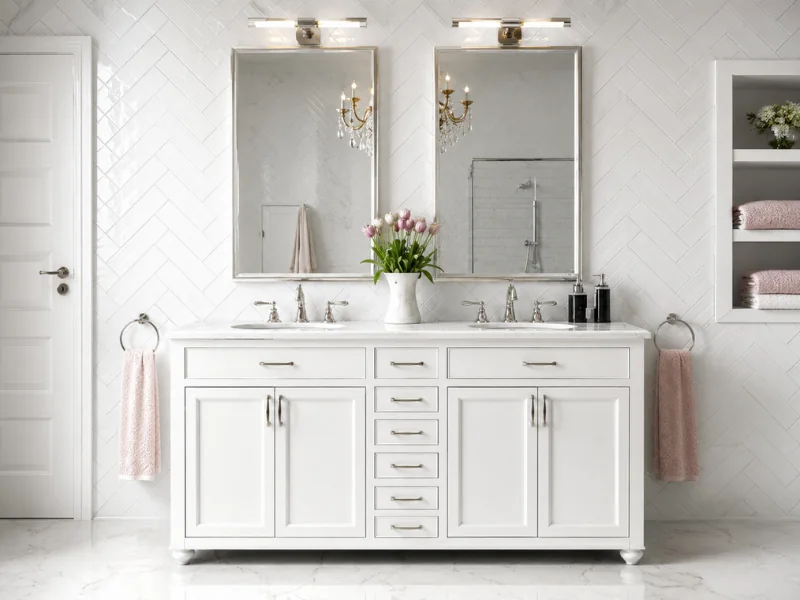 Elegant white bathroom with a double vanity, two framed mirrors, herringbone wall tiles, chrome fixtures, pink towels, and built-in shelving.
