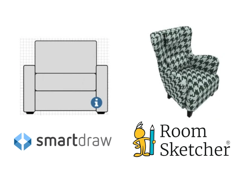 SmartDraw vs RoomSketcher. The image shows a comparison between two chairs from the software tool. On the left side of the image is a 2D chair from the SmartDraw furniture library. Below the chair is the SmartDraw logo. On the right side of the image is a 3D chair from the RoomSketcher furniture library. Below the chair is the RoomSketcher logo.