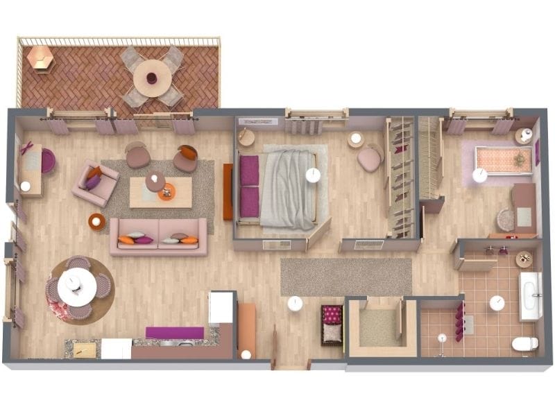 3D floor plan of a two-bedroom home with an open living and dining area, kitchen, two bathrooms, and a patio with outdoor seating. The layout includes a large primary bedroom, a smaller guest room, and warm wood flooring throughout.