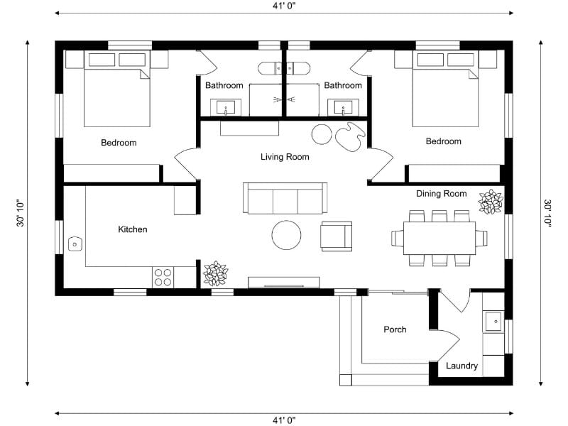 2D floor plan of a two-bedroom house with an open living room between two bathrooms, a kitchen on the left, a dining room on the right, and a front porch with a connected laundry room.