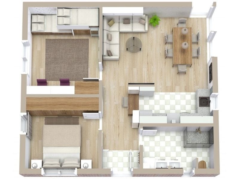 3D floor plan of a two-bedroom house featuring an open living and dining area, a separate kitchen with checkered flooring, and a large primary bedroom. The layout includes modern furnishings and light wood floors throughout.