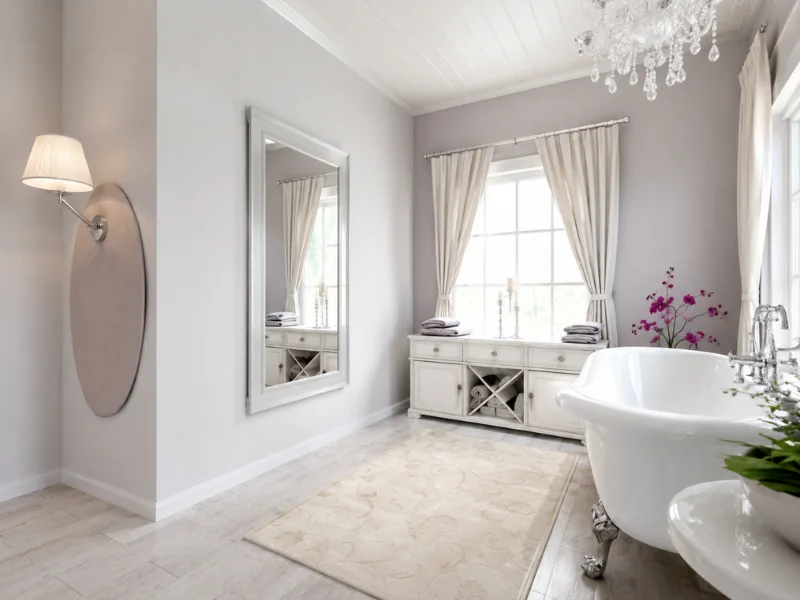 Elegant white bathroom with a clawfoot tub, crystal chandelier, large mirror, and window-side storage cabinet.