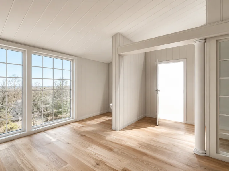 Empty white room with large grid windows, light wood flooring, paneled walls, and decorative columns.