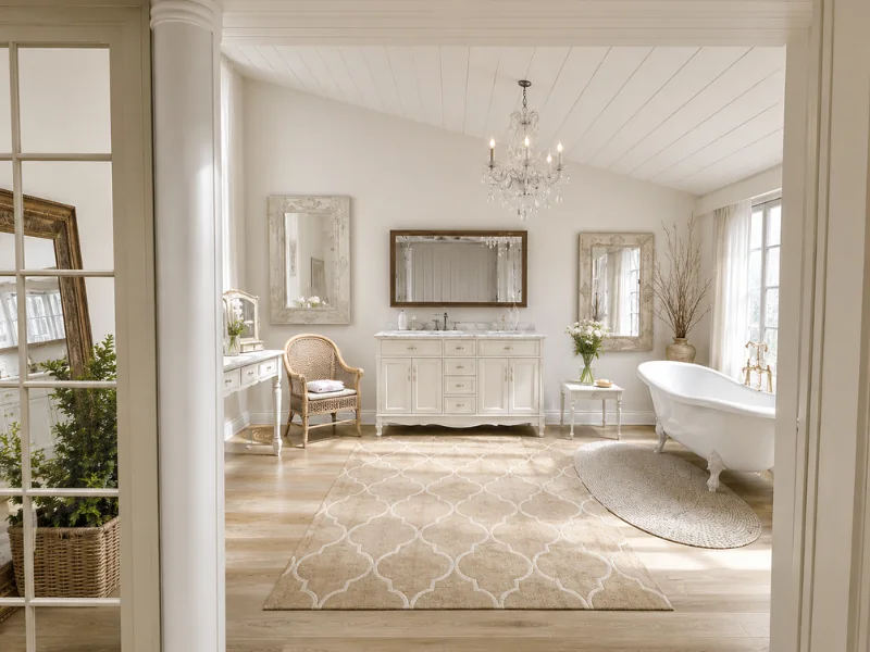 Traditional bathroom with a freestanding tub, white vanity, crystal chandelier, mirrors, and a patterned rug.