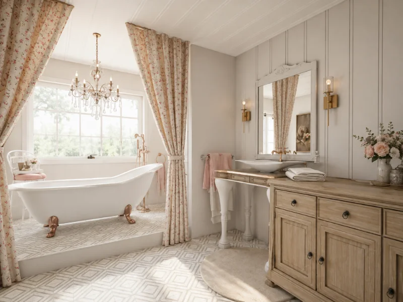 Romantic bathroom with a raised clawfoot tub, floral curtains, wood vanity, and crystal chandelier.