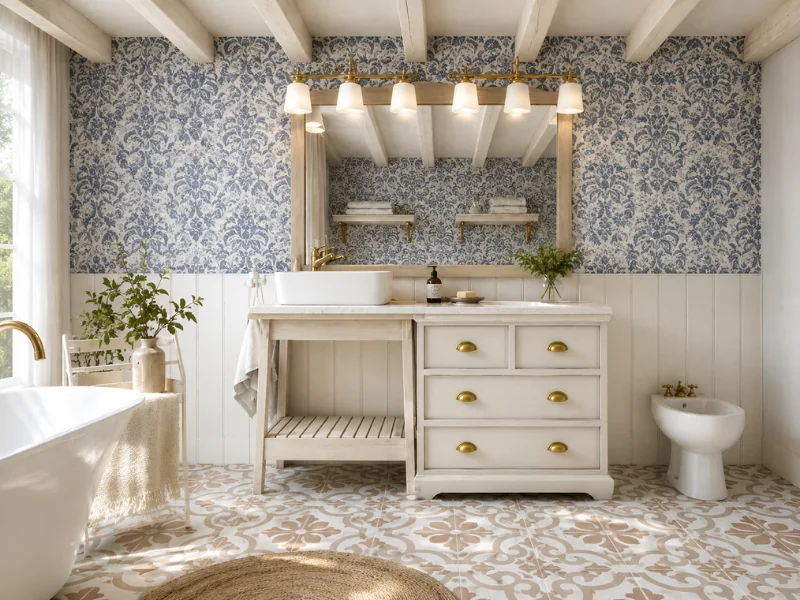 Country bathroom with blue floral wallpaper, a white vanity, brass hardware, patterned tile, and exposed beams.