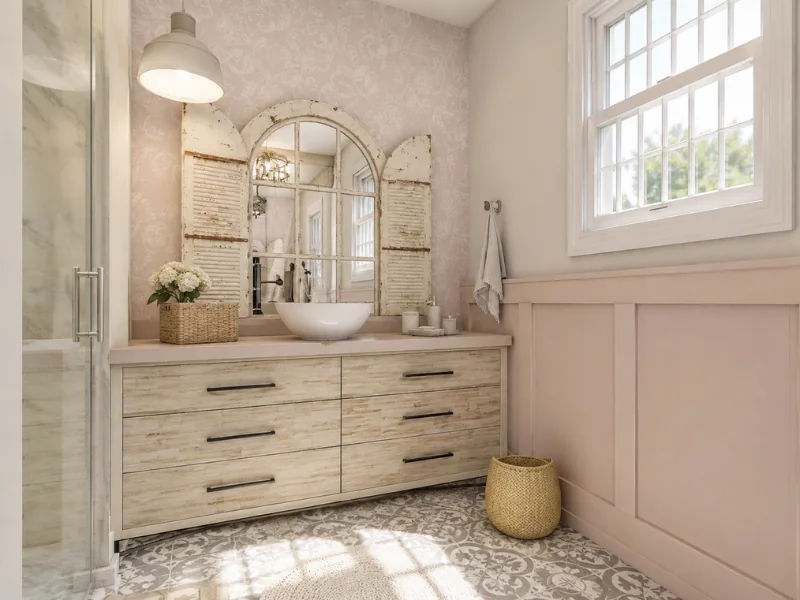Soft pink bathroom with a rustic wood vanity, shutter-style mirror, patterned floor tiles, and glass shower.