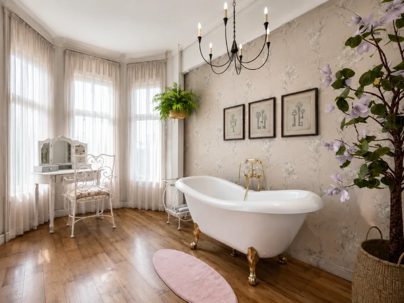 Vintage bathroom with a white clawfoot tub, floral wallpaper, sheer curtains, wood flooring, and black chandelier.