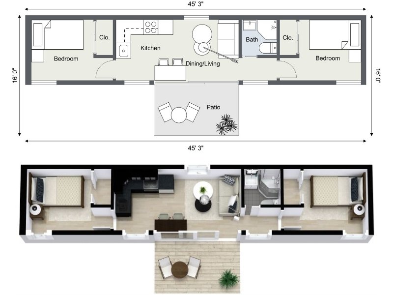 2D and 3D floor plan of a narrow two-bedroom house with a central open-plan kitchen, dining, and living area that opens to a small patio. The layout includes one bathroom, closets in each bedroom, and compact modern furnishings.