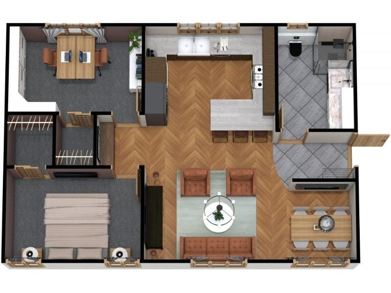 3D floor plan of a two-bedroom home with an open living and dining area, U-shaped kitchen with a breakfast bar, and a modern bathroom. The layout includes a primary bedroom, a second bedroom set up as a home office, and wood-pattern flooring throughout.