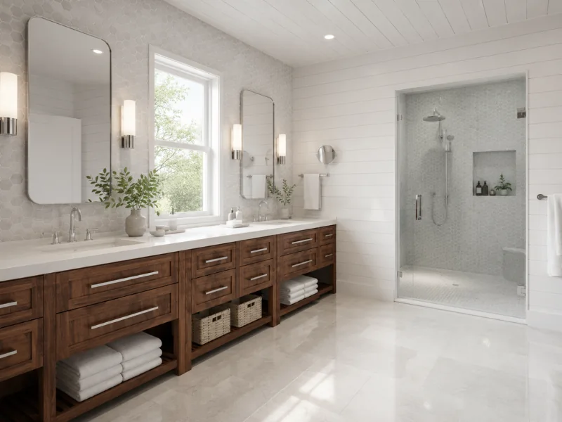 Bright bathroom with a long wood double vanity, open towel storage, large mirrors, and a walk-in shower.