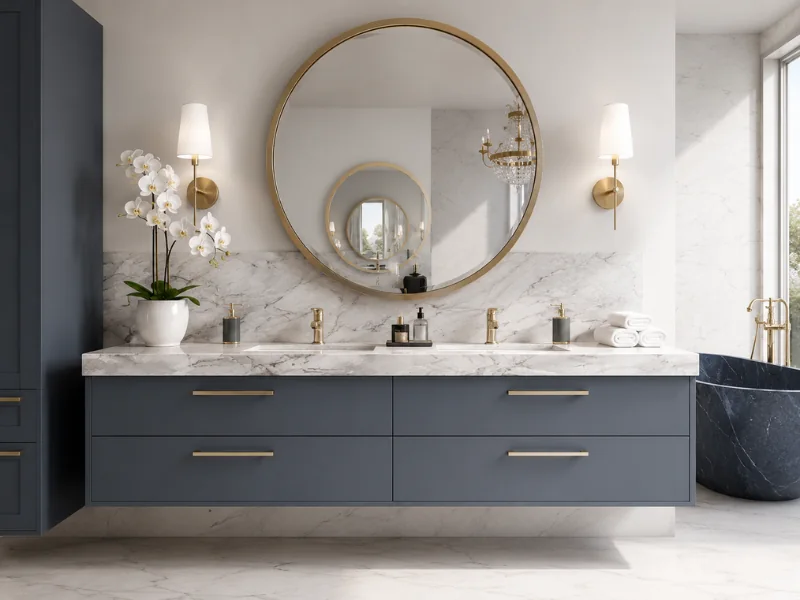 Navy blue double vanity with a marble countertop, round gold mirror, wall sconces, and brass hardware.
