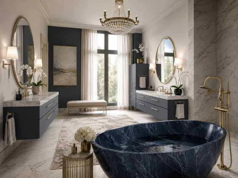 Elegant bathroom with a dark marble freestanding tub, navy vanities, crystal chandelier, and tall windows.