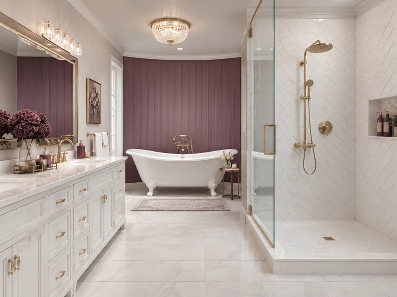 White bathroom with a purple paneled accent wall, clawfoot tub, glass shower, and brass fixtures.