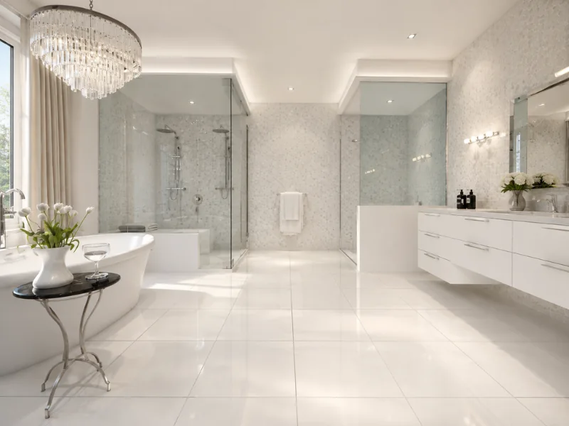 Bright white bathroom with a freestanding tub, two glass shower areas, crystal chandelier, and floating vanity.