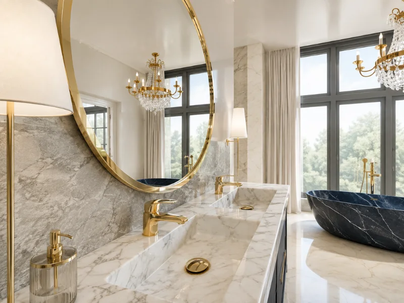 Marble bathroom vanity with gold fixtures, a large round mirror, and a dark freestanding tub by tall windows.