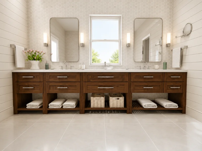 Long wood double vanity with open towel storage, twin mirrors, wall sconces, and a centered window.