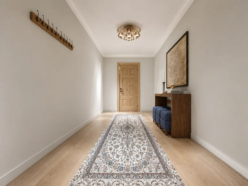 Narrow entryway with a patterned runner rug, wood console table, blue stools, wall hooks, and a paneled door.