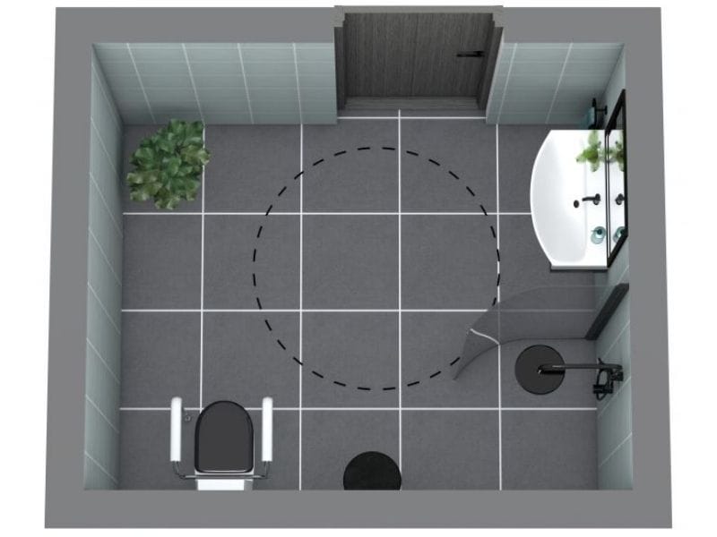 Accessible bathroom floor plan with dark gray tiles, showing a toilet with grab bars, roll-under sink, and open shower area.