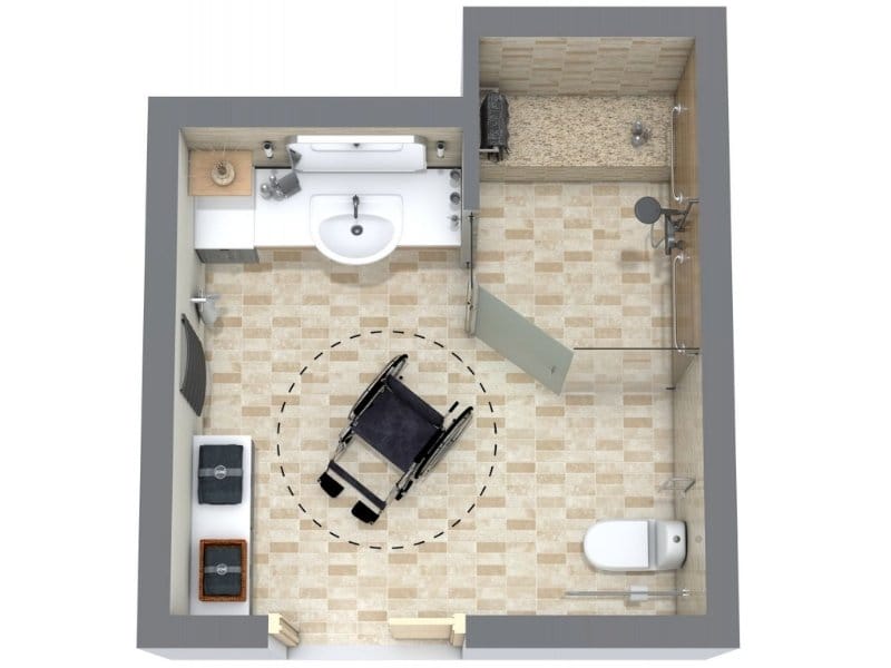 Accessible bathroom floor plan with wheelchair turning space in the center. Features include a roll-under sink with counter space, a comfort-height toilet, and a large roll-in shower with grab bars and a fold-down seat.