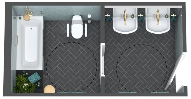 Accessible bathroom floor plan with bathtub, toilet with grab bars, and dual sinks. Two wheelchair turning spaces are marked with dotted circles on the dark tile floor.