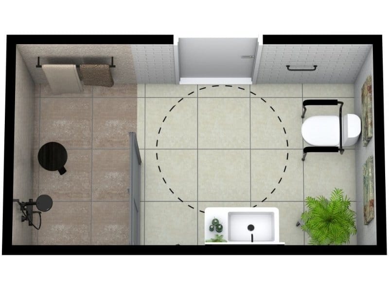 Accessible bathroom floor plan with a central wheelchair turning circle, toilet with grab bars, roll-under sink, and walk-in shower. The layout includes beige and white tiles, wall-mounted fixtures, and a potted plant for decor.