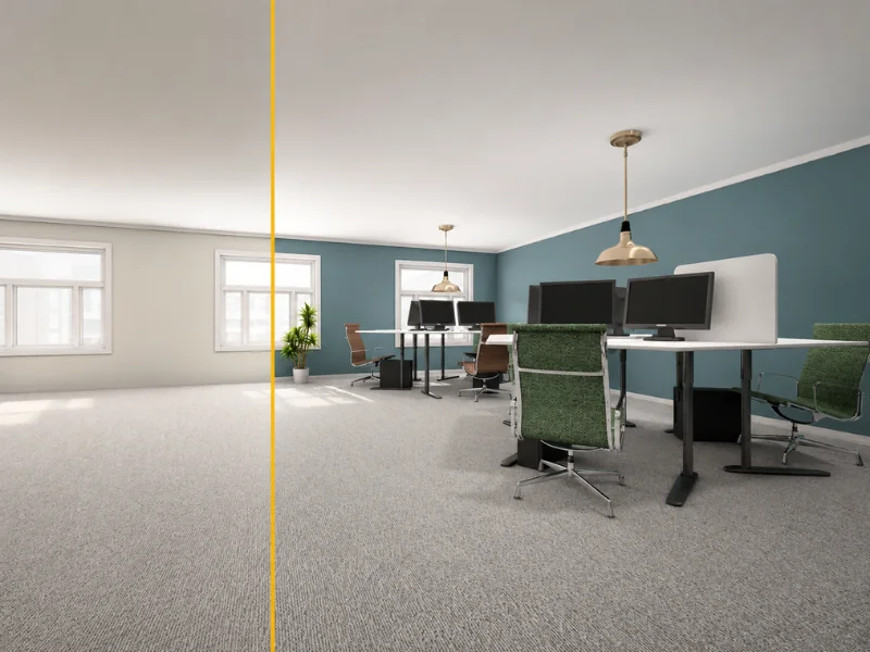 Before-and-after office showing an empty room transformed with desks, monitors, chairs, and blue accent walls.