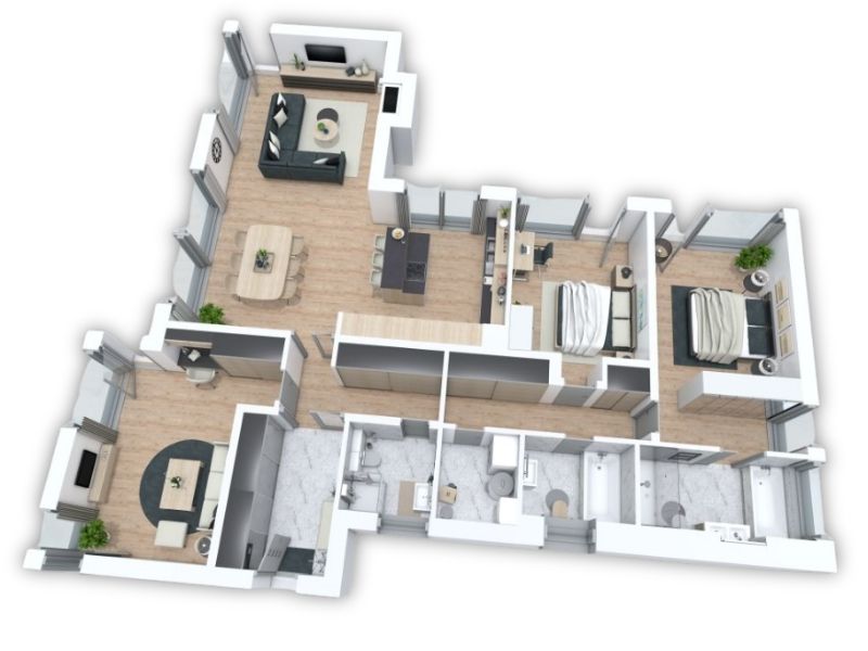A 3D floor plan of a modern apartment with an open-concept kitchen, dining area, and living room, two bedrooms, a separate office space, and a hallway leading to multiple bathrooms and utility rooms.