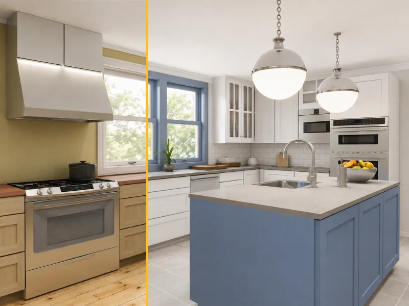 Before-and-after kitchen showing an older layout updated with white cabinets, a blue island, and pendant lights.