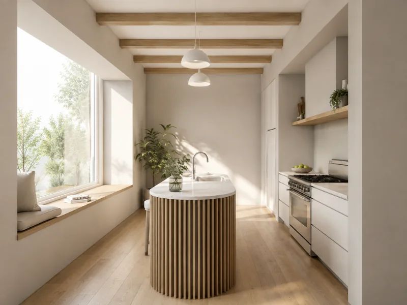 Scandinavian kitchen with a slatted wood island, white cabinets, exposed ceiling beams, and a built-in window seat.