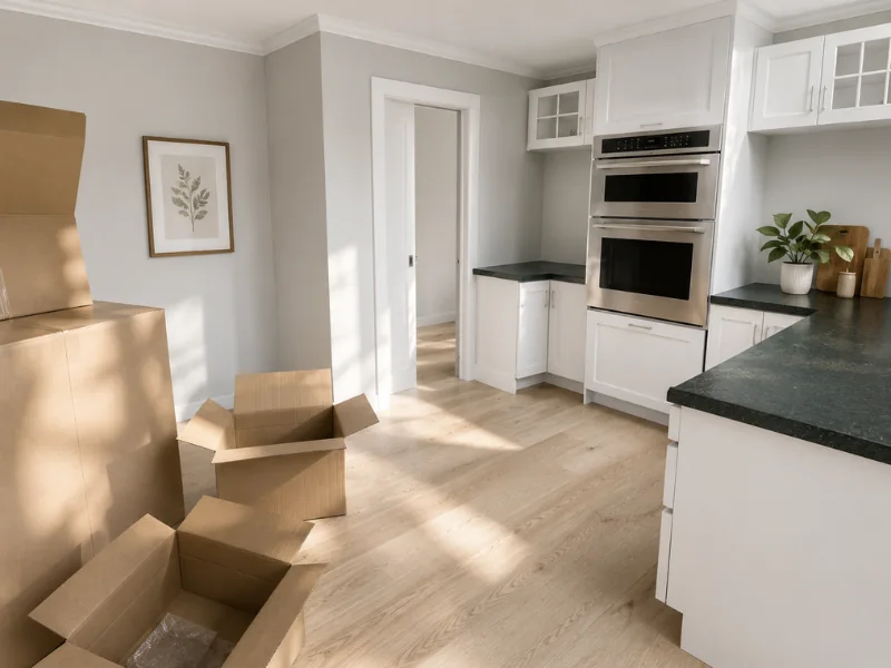 Bright white kitchen with black countertops, stacked ovens, and open moving boxes on the wood floor.