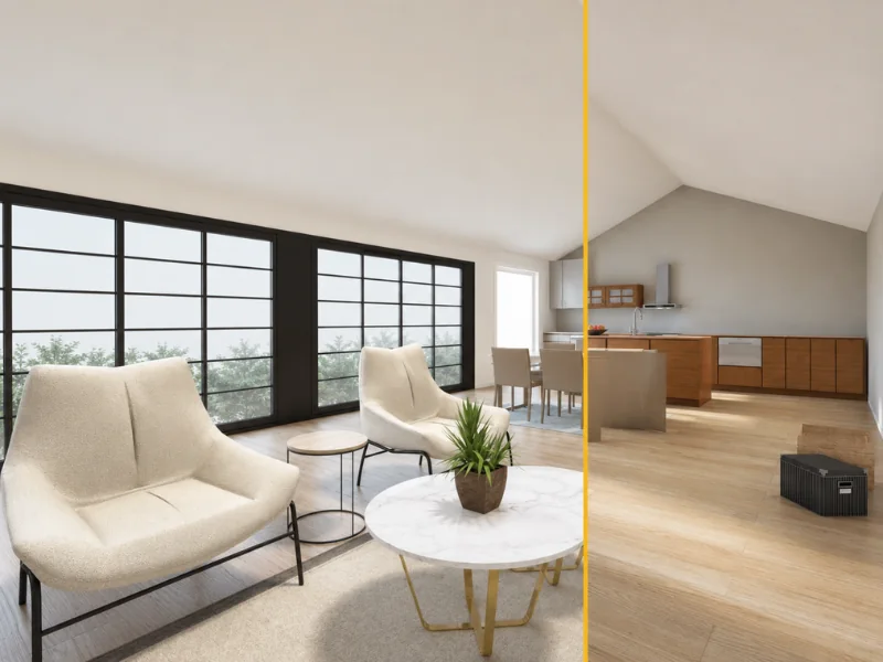 Before-and-after open-plan space showing an empty kitchen area staged with armchairs, tables, a rug, and plants.