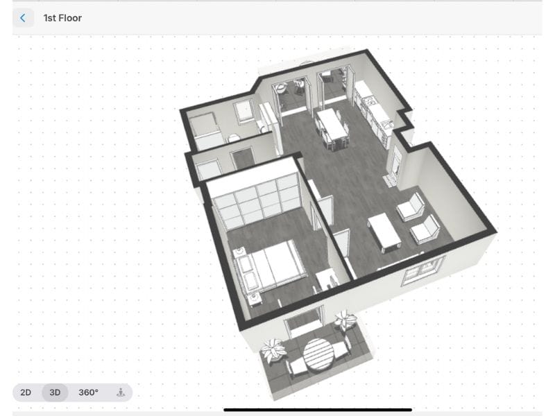 3D floor plan made with magicplan. The floor plan is in grayscale and consists of an open living space with a kitchen/dining/living area combined, a bedroom and a bathroom. There are two outdoor areas decorated with outdoor seating in both places. The floor plan is fully furnished.