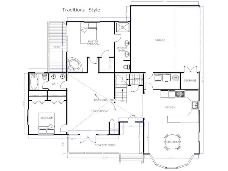 2D floor plan made with SmartDraw. The floor plan shows the first floor of a kitchen/dining area, two bedrooms, two bathrooms, a living room, deck, covered porch, laundry room, storage room, and garage. The floor plan is in black-and-white.