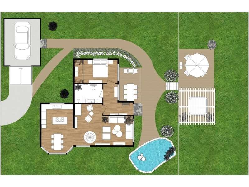 Landscape plan with a single-story home, surrounding lawn, and curved paths. The layout shows a garage and driveway on the left, outdoor seating areas, and a pool on the lower right. A large deck with a dining area, umbrella, and pergola sits on the right side of the property.