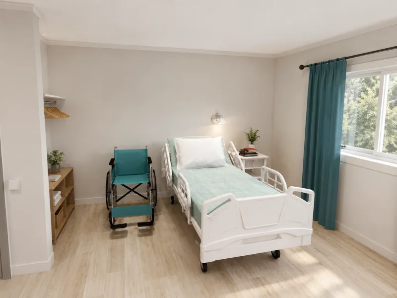 Accessible bedroom with a hospital bed, wheelchair, open storage, and teal curtains beside a large window.