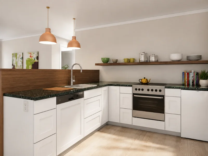 Wheelchair-accessible kitchen with lowered counters, open knee space, white cabinets, and pendant lights.