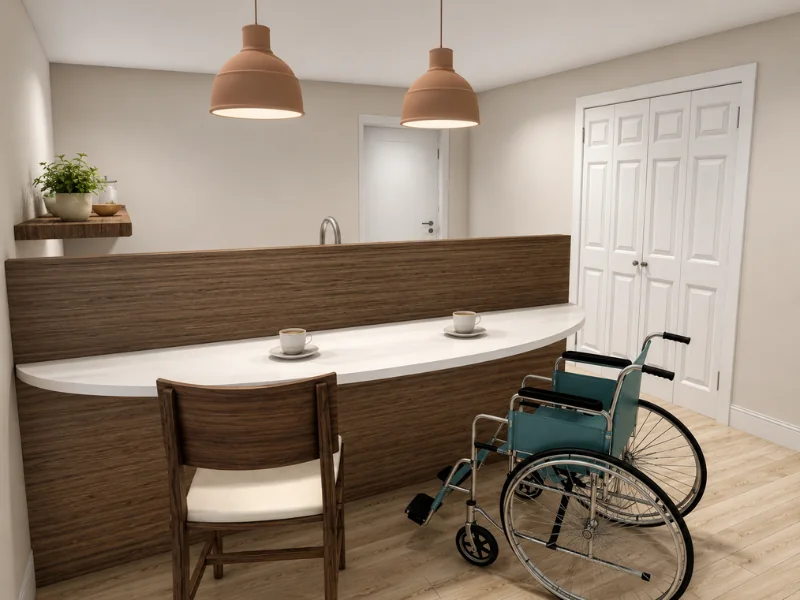 Accessible breakfast bar with open wheelchair space, a dining chair, wood paneling, and pendant lights.