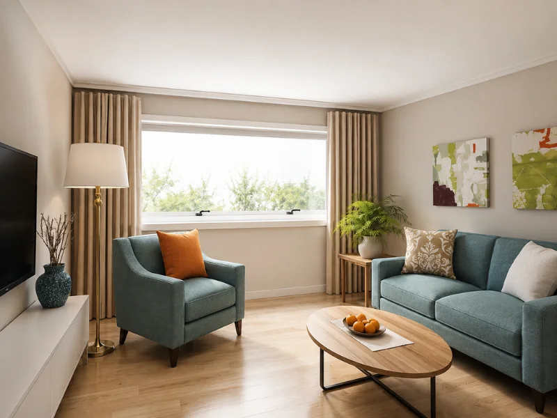 Accessible living room with a teal sofa and armchair, wide floor space, wall-mounted TV, and large window.